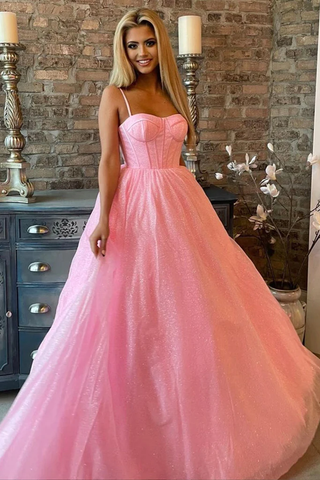 Robe de bal longue en tulle rose brillant, robe de soirée rose à fines bretelles, robe de soirée rose scintillante Y209