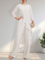 Vestido de dos piezas para la madre de la novia: mono/pantalón de gasa con escote redondo y largo hasta el suelo, adornado con lentejuelas y pedrería.