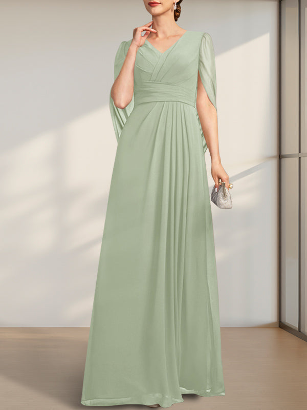 Vestido de gasa de corte A, escote en V y largo hasta el suelo para la madre de la novia, con pliegues