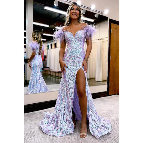 Robe de bal sirène longue et sexy à col en V, avec paillettes et plumes, et fente