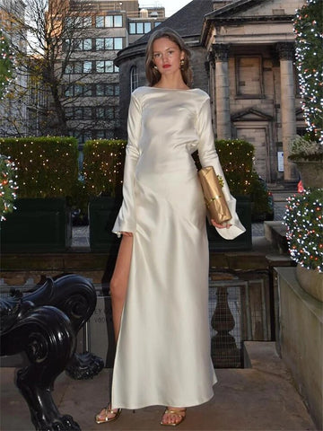 TARUXY Satin Side Slit Dress Women Elegant Party Loose Backless Long Dresses For Lady Club Solid Temperament Evening Dress Femme