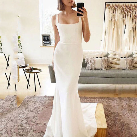 Spaghetti Strap Mermaid Wedding Dresses Women Square Neck Backless Simple Bridal Gowns Soft Stain Robe De Soirée Mariage