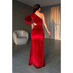 Vestido de noche largo de terciopelo burdeos con un solo hombro y corte tubo/columna 