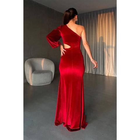 Robe de soirée longue en velours bordeaux, fourreau/colonne, asymétrique 
