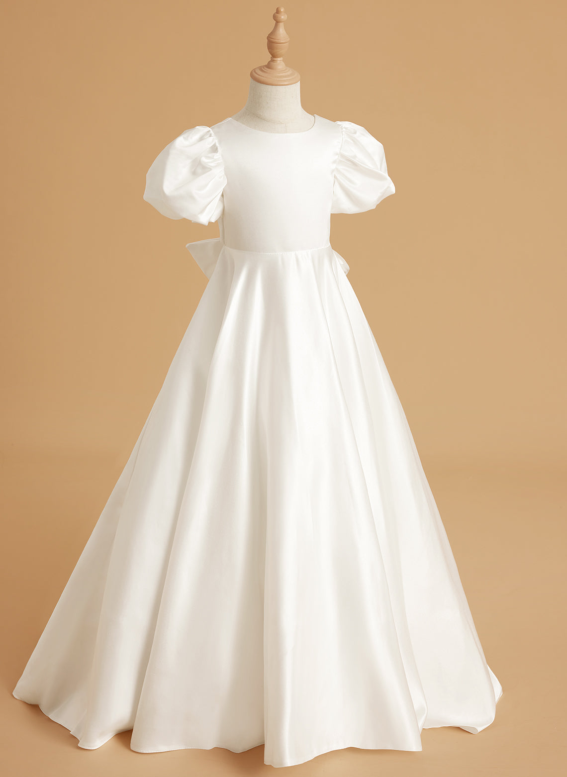 Vestido de niña de las flores con mangas abullonadas, lazo, botones en la espalda y cola de barrido 
