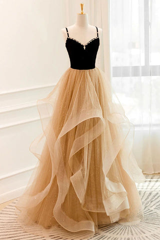 A Line Spaghetti Straps Champagne Long Prom Dress with Beading
