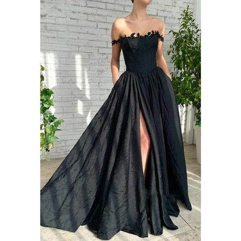 Women's Square Black Lace Split Long Prom Dress with Pockets