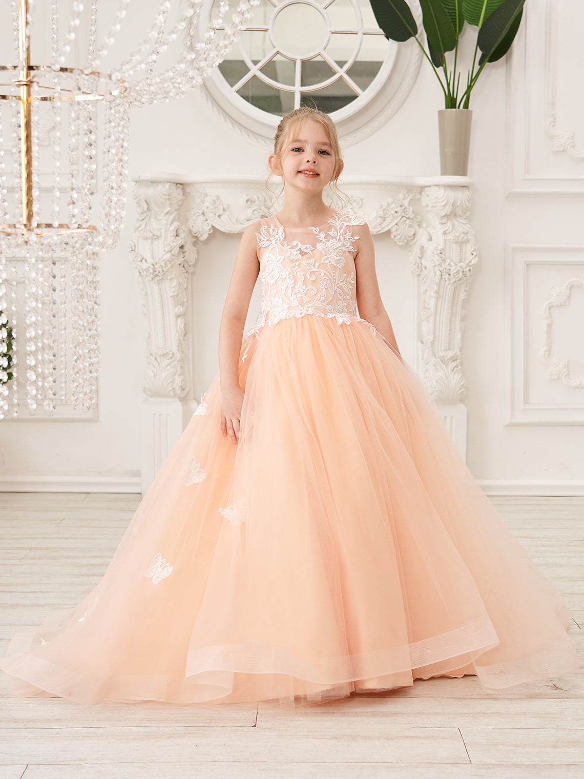 Elegante vestido de princesa sin mangas de tul para niña de las flores, corte en A 