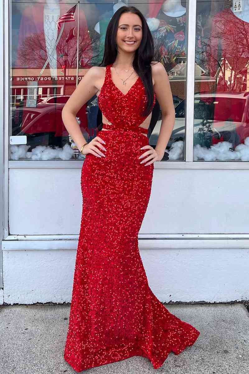 Vestido largo de fiesta de sirena con escote en V, lentejuelas y espalda descubierta
