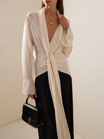 Vestidos largos de noche holgados de manga larga con escote en V y color de contraste 