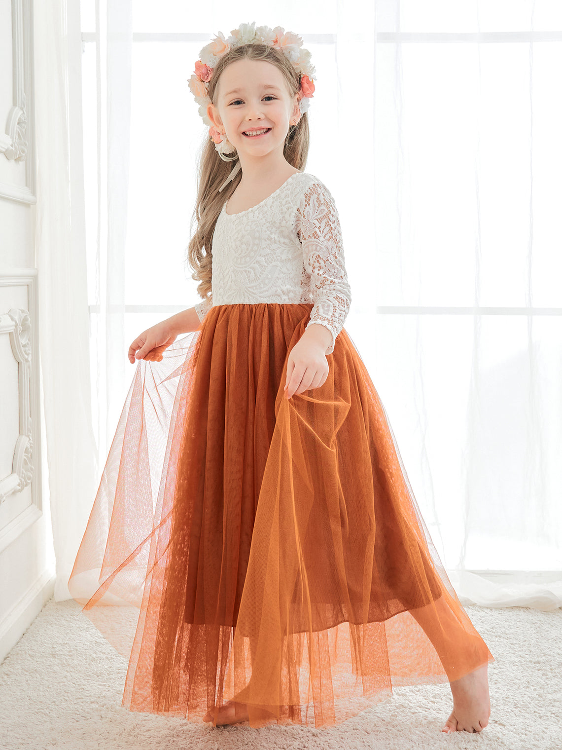 Vestido de niña de las flores de tul, manga larga, corte línea A, encaje blanco angelical 