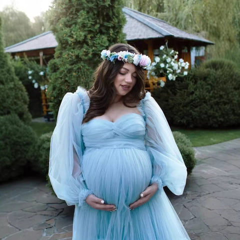 Robe en gaze, grande taille, style photo, avec surpiqûres duveteuses, robe de soirée de maternité, robe à manches longues 6138#