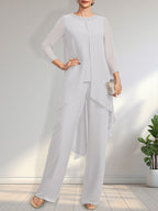 Vestido de dos piezas para la madre de la novia: mono/pantalón de gasa con escote redondo y largo hasta el suelo, adornado con lentejuelas y pedrería.