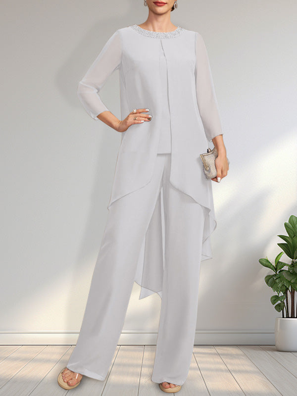 Vestido de dos piezas para la madre de la novia: mono/pantalón de gasa con escote redondo y largo hasta el suelo, adornado con lentejuelas y pedrería.