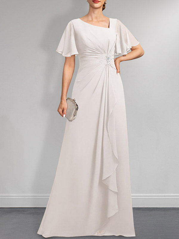 Robe de mariée asymétrique en mousseline de soie, coupe trapèze, longueur au sol, ornée de plis, de perles et de sequins, idéale pour la mère de la mariée.