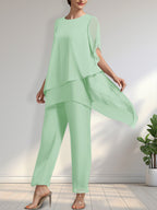 Vestido de gasa de dos piezas para la madre de la novia: mono/traje pantalón con escote redondo y largo hasta el tobillo.