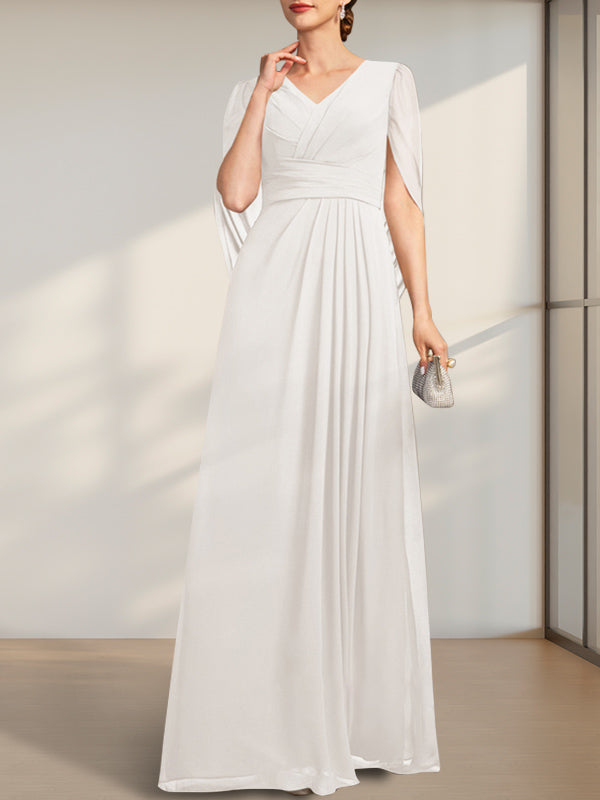 Vestido de gasa de corte A, escote en V y largo hasta el suelo para la madre de la novia, con pliegues
