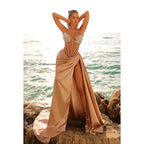 Robe de soirée longue fourreau en tulle transparent à perles et fronces en satin