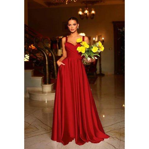 Robe de soirée longue en satin froncé, simple, col en V, sans manches, coupe trapèze