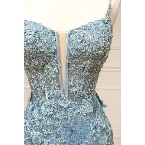 Robe de bal longue à bretelles spaghetti et paillettes avec fente