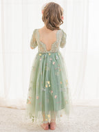 Vestido de niña de las flores color salvia con escote redondo, superficie de tela y tul (2003227581) 