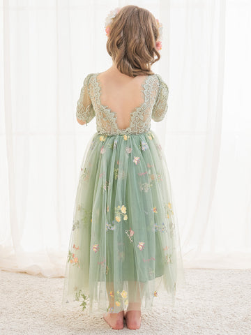 Vestido de niña de las flores color salvia con escote redondo, superficie de tela y tul (2003227581) 