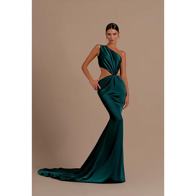 Vestido de noche formal largo de sirena de satén fruncido con un hombro sexy