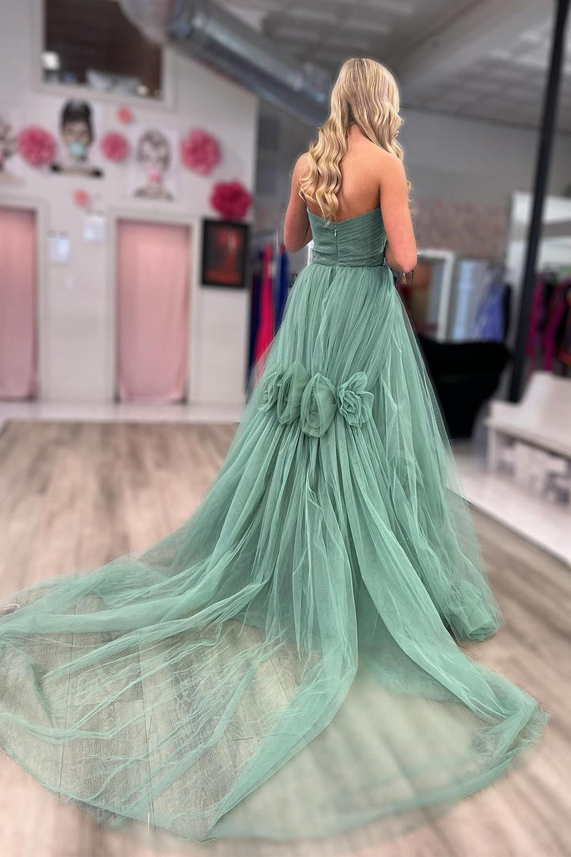 Robes de bal longues en tulle sans bretelles, coupe trapèze