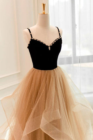 A Line Spaghetti Straps Champagne Long Prom Dress with Beading