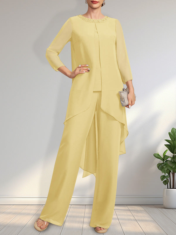 Vestido de dos piezas para la madre de la novia: mono/pantalón de gasa con escote redondo y largo hasta el suelo, adornado con lentejuelas y pedrería.