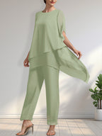 Vestido de gasa de dos piezas para la madre de la novia: mono/traje pantalón con escote redondo y largo hasta el tobillo.