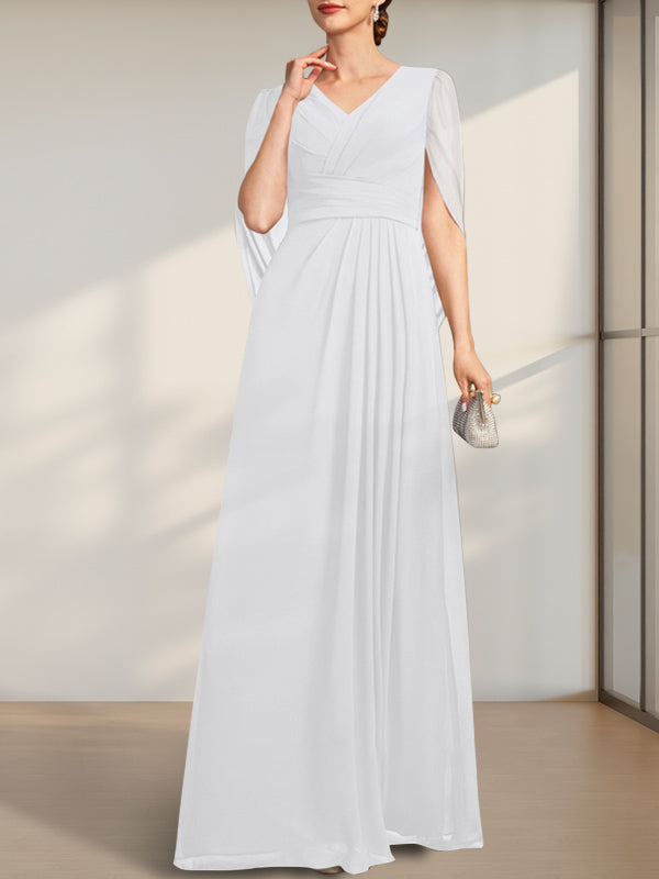 Vestido de gasa de corte A, escote en V y largo hasta el suelo para la madre de la novia, con pliegues
