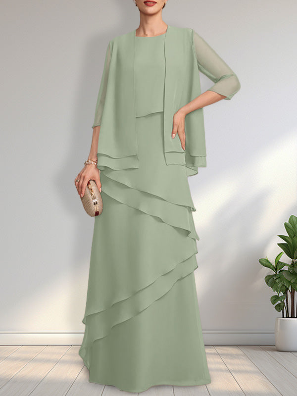 Vestido de gasa de corte recto y escote redondo hasta el suelo para la madre de la novia