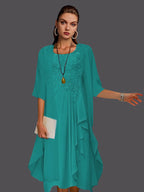 Vestidos de dos piezas de corte A, de gasa, encaje, sin mangas, con chaqueta, pliegues y apliques. 