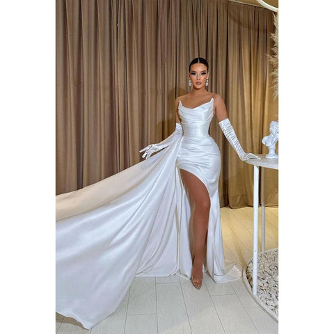 Vestido de noche de fiesta sin tirantes, de satén fruncido, corte sirena y abertura