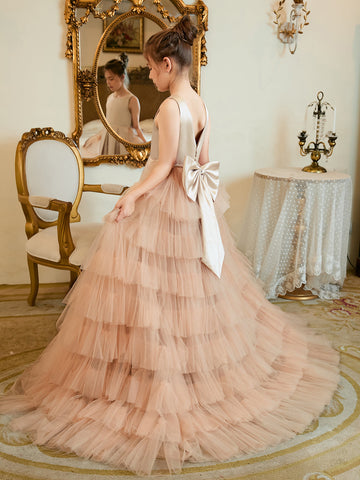 Vestido color champán de corte A con cola de tul satinado (010225319) 