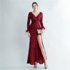 Ostrich Feather Cuff Sequined Fishtail Evening Dress with Side Slit