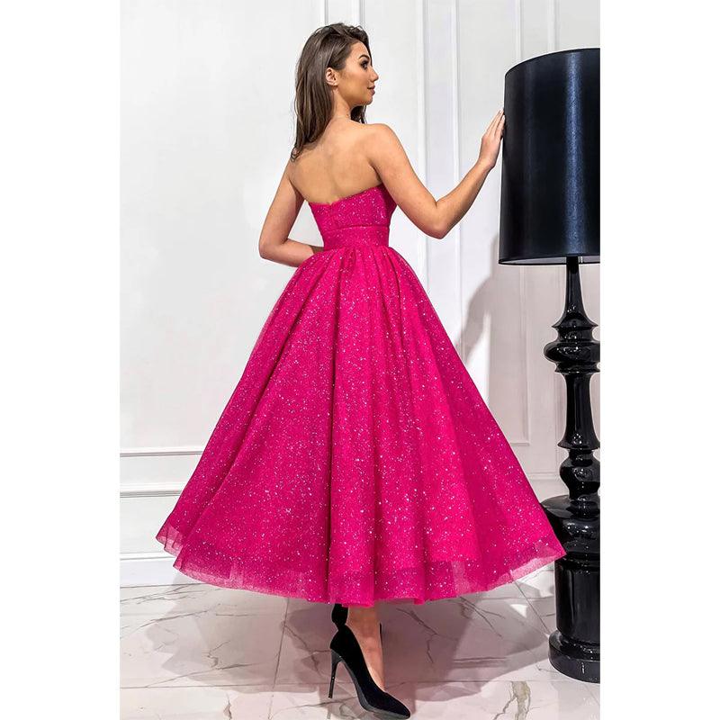 Plunging V-neck Fuchsia Vintage Prom Dress Glitter