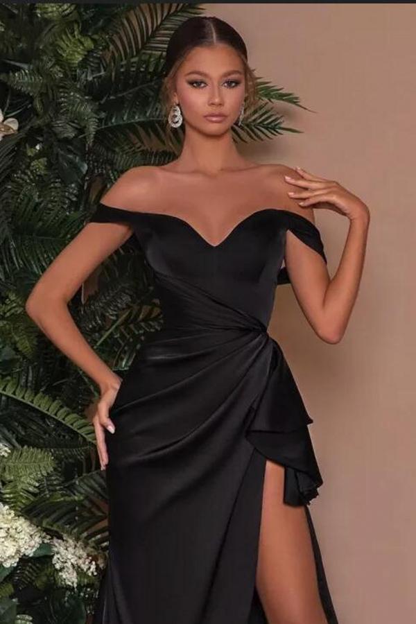 Robe de soirée longue en satin noir sexy à épaules dénudées et fente latérale