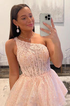 Robe de bal longue rose asymétrique à une épaule avec volants