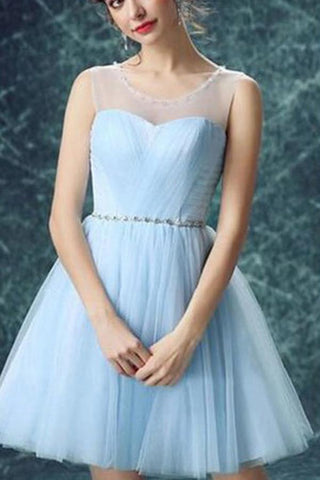Attractive Light Blue Illusion Tulle Cute homecoming Dress Short Prom dresses