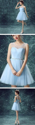 Attractive Light Blue Illusion Tulle Cute homecoming Dress Short Prom dresses