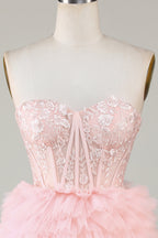 Lindo vestido de fiesta de línea A, escote corazón, corsé rosa claro con volantes