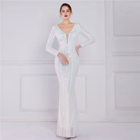 Positioning Floral Sequin Evening Dress Women Banquet Elegant Long Sleeve Sequined Queen Fishtail Dress