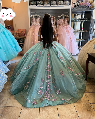 Vestido de quinceañera estilo princesa azul lago con flores 3D, hombros descubiertos, apliques y cuentas, largo maxi, modelo Y2632