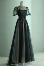 Vestido largo de fiesta negro de tul con mangas abullonadas y corte en A, modelo Y7334