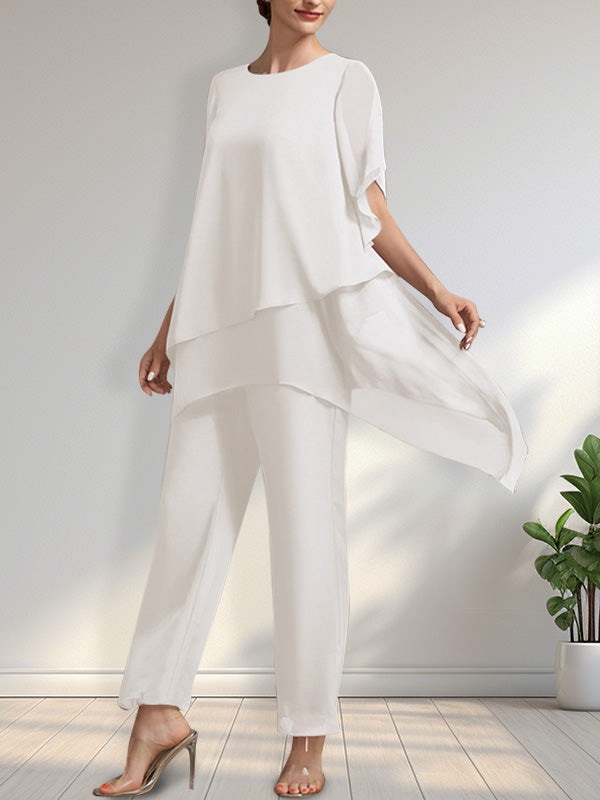 Vestido de gasa de dos piezas para la madre de la novia: mono/traje pantalón con escote redondo y largo hasta el tobillo.
