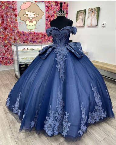 Vestido de quinceañera azul marino con hombros descubiertos, tul y encaje, vestido de baile azul marino para quinceañera Y2985