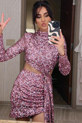 Sparkly Bodycon High Neck Purple Sequins Short Homecoming Dress with Keyhole