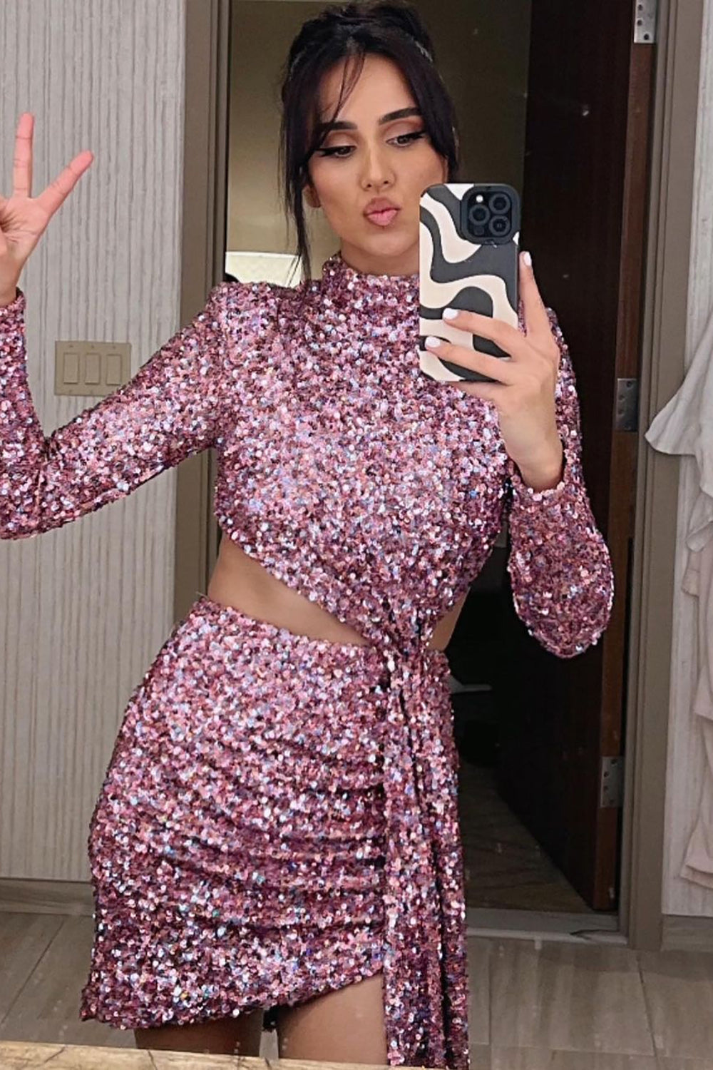 Sparkly Bodycon High Neck Purple Sequins Short Homecoming Dress with Keyhole